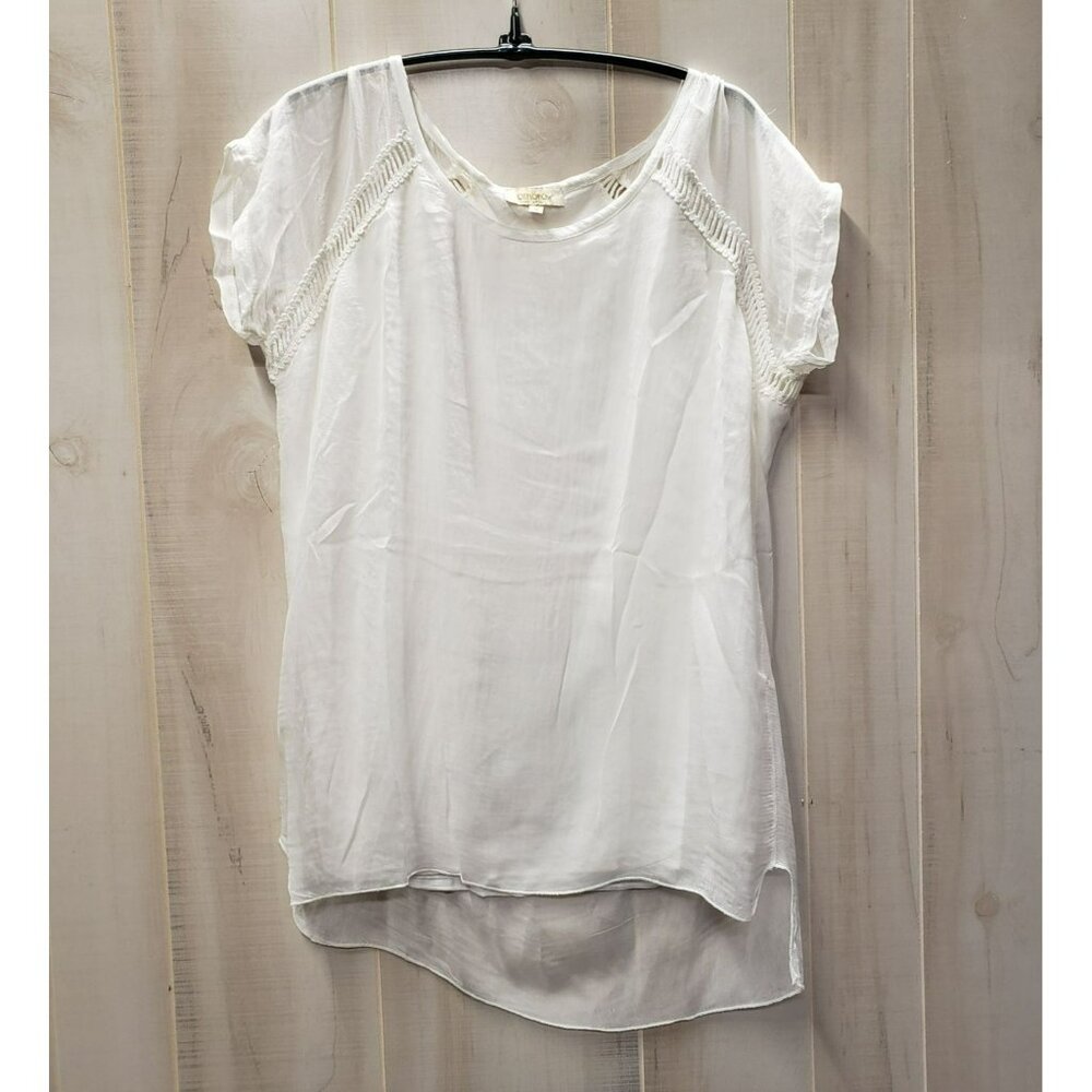 Ambra white Silk blouse, made in Italy, high low hem, short sleeve, size S